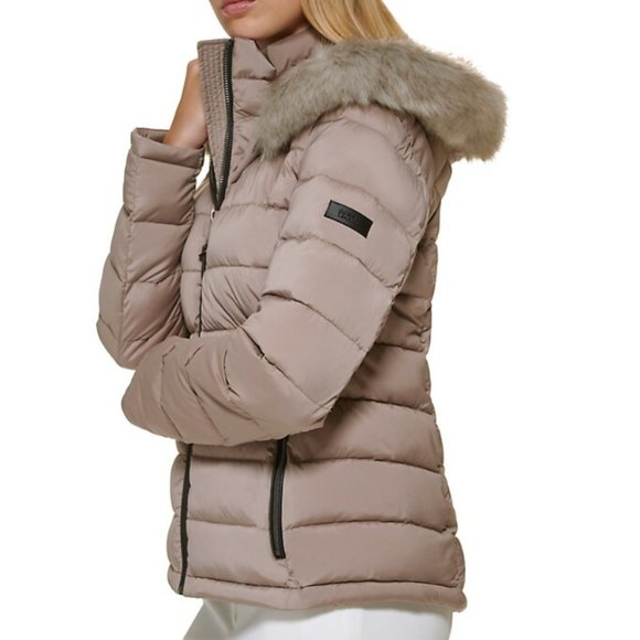 DKNY Faux Down Water Resistant Puffer Jacket Faux Fur Trim Hood for Wome… - Picture 1 of 5